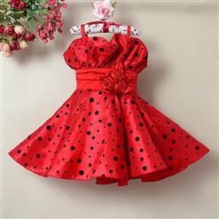 Black Dot Printed Red Dress, Spaghetti Straps Dot Princess Dress, Sleeveless Rose Embellish Party Girl Dress, #N9119