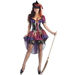 Sexy Nitty Purple Deep-V Hi-Lo Puff Sleeves Floral Printed Adult Witch  Halloween Costume N9123