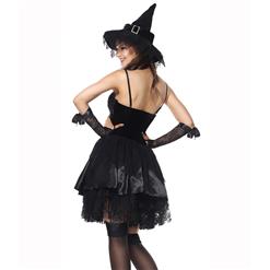 Sexy Black Lace Braces Witch Mini Dress Adult Halloween Fancy Ball Thetrical Costume N9168