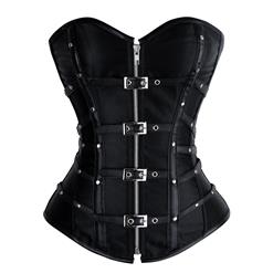 Strapless Satin and Leather Corset, Buckle Studded Corset, Black Steampunk Rivet Overbust Corset, #N9169