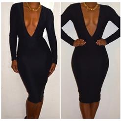 Elegant Deep V-neck Dress, Club Party Bodycon Dress, Black Long sleeved dress, #N9204