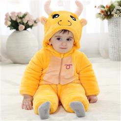 Yellow Baby Warm Jumpsuit,  Cute BB Taurus Constellation Clothes,  A horned Hat And With Tail Jumpsuit, Front Zipper Of Clothes,  #N9273