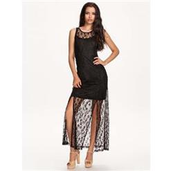 Split Black High Waist Dress, Elegant Sleeveless Lace Dress, Knit Split Joint Lace Casual Dress, #N9299