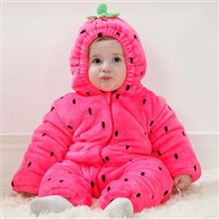 Hot Pink Two-way Zipper Design Baby Clothes,  Strawberry Style Hat Baby Romper, Baby Flannel 3D Stereo head hat Jumpsuits, #N9455