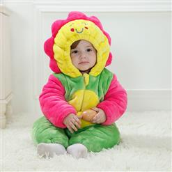 Colorful Two-way Zipper Design Baby Clothes, Sunflower Style Hat Baby Romper, Baby Flannel 3D Stereo head hat Jumpsuits, #N9456