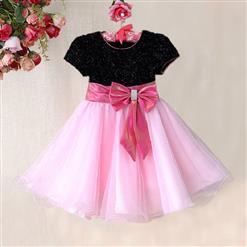 Upper Black Bling Princess Dress, Cute Pink High Waist Princess Dress, Popular Big Bowknot Waist Lace Princess Dress, #N9459