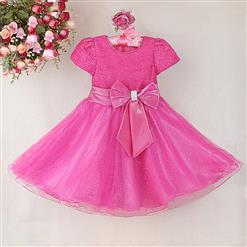 Girl's Hot Pink Big Bowknot High Waist Lace Princess Dress N9460