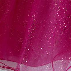 Girl's Hot Pink Big Bowknot High Waist Lace Princess Dress N9460