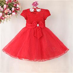 Upper Red Bling Princess Dress, Cute Red High Waist Princess Dress, Popular Big Bowknot Waist Lace Princess Dress, #N9463