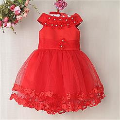 Short Sleeves Red High waist Princess Dress, Flowers Diamond Decorate Organza Princess Dress, Red Lace Edge Children Dress, #N9469
