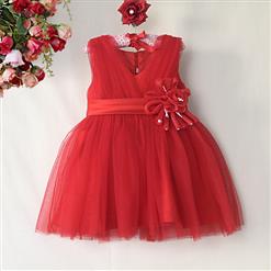 Elegant Red Mesh V Neck Satin Flower High Waist Princess Dress N9472