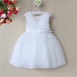 Girls Elegant Pure White Tulle V Neck Satin Flower High Waist Princess Dress N9474