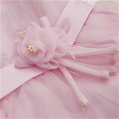 Elegant Mesh Satin Pearl Flower Waist Princess Dress N9475