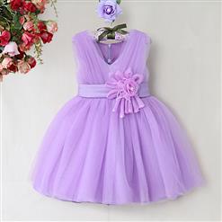 Elegant Purple Mesh V Neck Satin Flower High Waist Princess Dress N9476