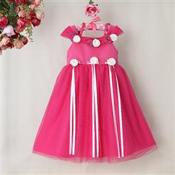 Lovely Girls Dress, Flower Girls Dress, Hot-Pink High Waist Dress, Cute Flower Silk Ribbon Princess Dress, Yarn Shoulder Design Princess Dress, #N9481