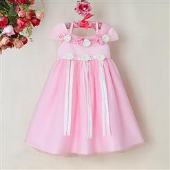 Pink High Waist Dress, Cute Flower Silk Ribbon Princess Dress, Yarn Shoulder Design Princess Dress, #N9483