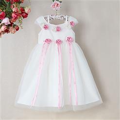 White High Waist Dress, Cute Flower Silk Ribbon Princess Dress, Yarn Shoulder Design Princess Dress, #N9484