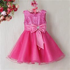 Upper Satin Flower Grid Princess Dress, Cute Hot-pink High Waist Sliver Powdered Sparkles Princess Dress, Popular Big Bowknot Waist Sleeveless Princess Dress,  #N9486