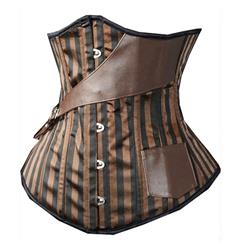 Steampunk Underbust Corsets, Punk Underbust Corsets, Side buckle Satin Corsets, Brown With Leather Little Pocket Underbust Corsets, #N9496