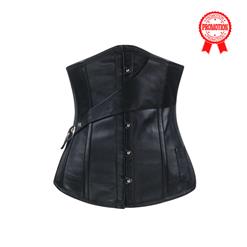 Side Buckle Decorate Underbust Corsets, Cheap High Quality Underbust Corsets, Black Underbust Corset with Pocket, Faux Leather Steel Bone Underbust Co