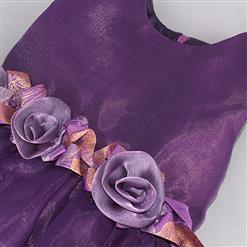 Pretty Purple Satin Organza Flower Pattern High Waist Sleeveless Princess Dress N9591