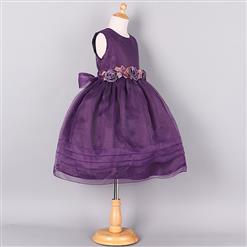 Pretty Purple Satin Organza Flower Pattern High Waist Sleeveless Princess Dress N9591