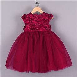 Wine-red Satin Organza Waist Front Four Buttons 3D Flower Princess Dress N9592