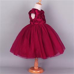 Wine-red Satin Organza Waist Front Four Buttons 3D Flower Princess Dress N9592