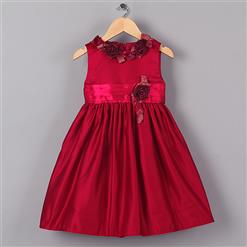 Neck And Waist 3D Flowers Sleeveless Princess Dress, Noble Red Satin Princess Dress, Elegant Red Princess Dress, #N9596