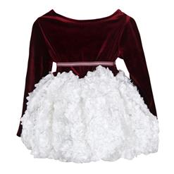 Noble Wine-Red Velvet White Satin Paper-cuts Flower Long Sleeves Princess Dress N9705