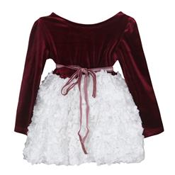 Noble Wine-Red Velvet White Satin Paper-cuts Flower Long Sleeves Princess Dress N9705