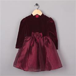 Noble Wine-Red Velvet Bowknot High Waist Long Sleeves Organza Princess Dress N9708