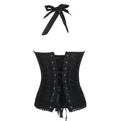 Fashion Elegant Black Halter Satin Jacquard Weave Lace Edge Corset N9727