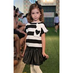 Fashion Black White Stripe Side Big Bowknot Tops And Black Leather Skirt Outfits N9739