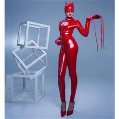 Sexy Women Red Mask Double Zipper Long Sleeves Costume  N9745