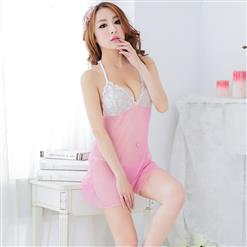 Sexy Pink Halter Lace Patchwork See-through Mesh Babydoll Nightwear Lingerie N17662