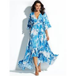 Women's Bohemia Style Blue V Neck Flare Sleeve Floral Print Falbala Maxi Dress N15453