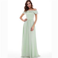 Green Sleeveless Dress, Off Shoulder Ruffles Dress, Ruffles Maxi Dress, A-Line Long Dress, Women's Green Maxi Evening Dress, Solid Color A-Line Dress, #N15746