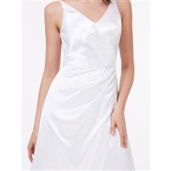 Women's White Sleeveless V Neck Bridesmaid Dress Long Prom Evening Gowns N15901