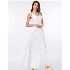 Women's White Sleeveless V Neck Bridesmaid Dress Long Prom Evening Gowns N15901