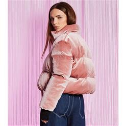 Women's Pink Velvet Long Sleeve Stand Collar Front Zipper Jacket N15726