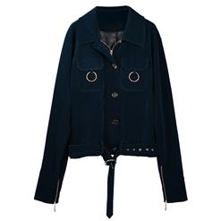 Women's Dark-Blue Long Sleeve Front Zipper Lapeled Jacket N15725
