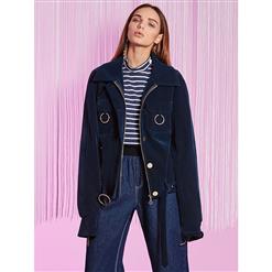 Fashion Long Sleeve Jacket, Dark-blue Jacket, Fashion Jacket for Women, Short Overcoat for Women, Zip Up Long Jacket, Blue Lapeled Jacket, #N15725