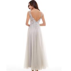 Women's Grey Sleeveless Backless Appliques Bridesmaid Dress Prom Evening Gowns N15898