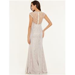 Women's Elegant Cap Sleeve Round Collar Lace Beaded Evening Dress N15396