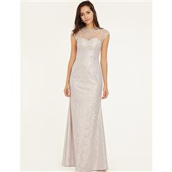 Women's Elegant Cap Sleeve Round Collar Lace Beaded Evening Dress N15396