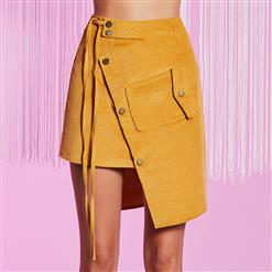 High Waist A-Line Skirt, Women's Asymmetric Skirt, Fashion Bodycon A-Line Skirt, Pocket Button Skirt, Bodycon Mini Skirt, Yellow Lace-up Skirt, #N15722