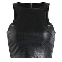 Sexy Punk Black PU Floral Zipper Clubwear Tank Top N17117