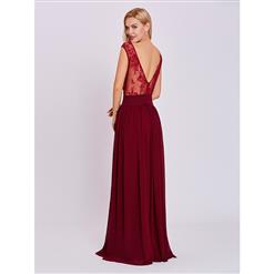 Women's Wine-red Cap Sleeve Lace Appliques Chiffon Evening Dress N15639