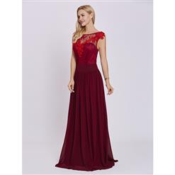 Women's Wine-red Cap Sleeve Lace Appliques Chiffon Evening Dress N15639